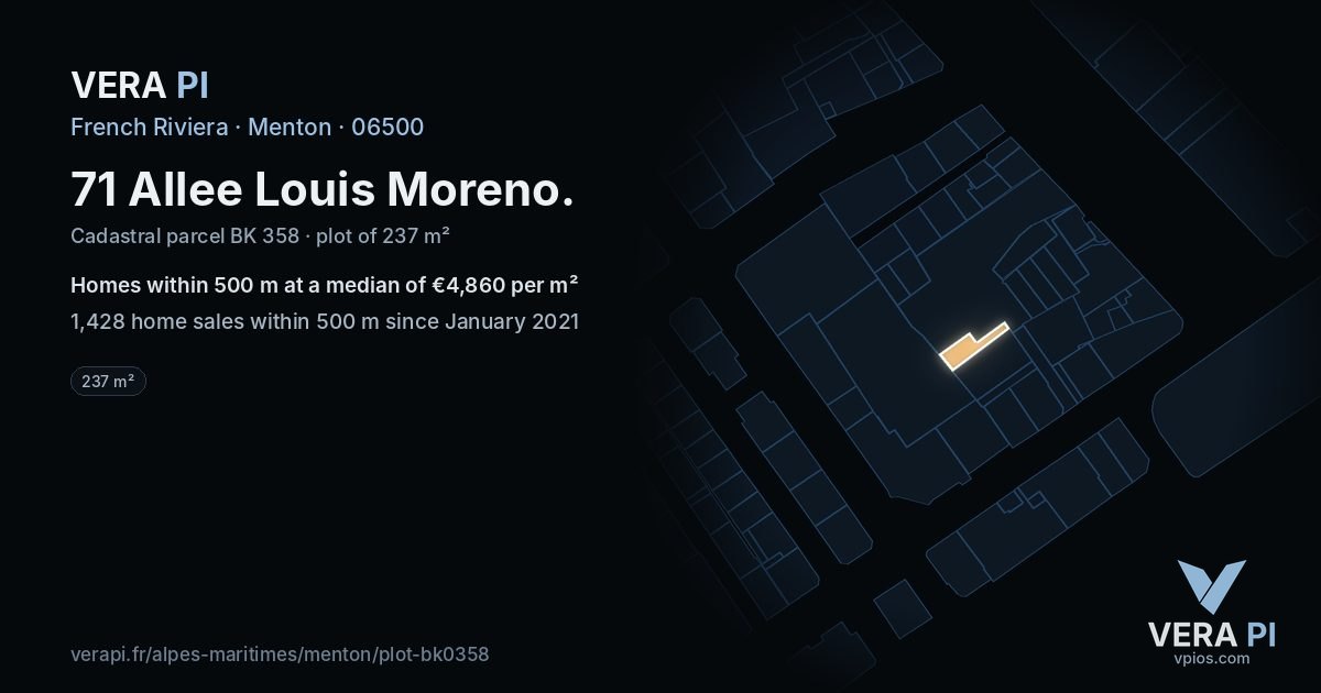 71 Allee Louis Moreno, Menton at night – the plot lit, the parcels around coloured by the prices near them