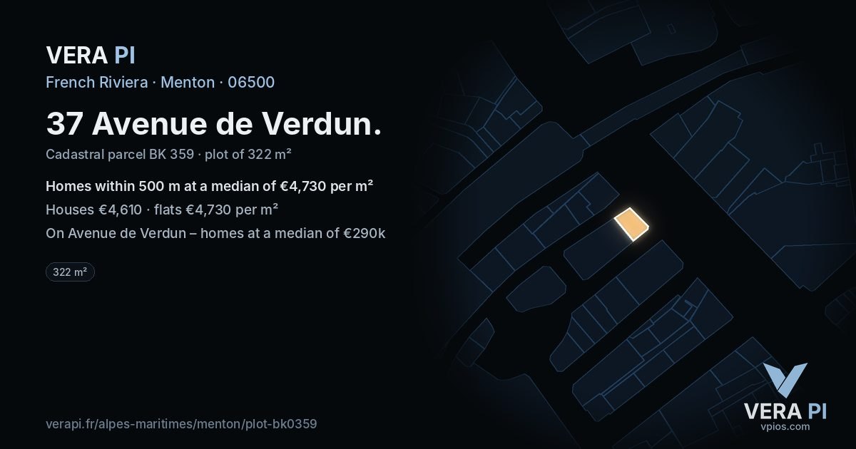 37 Avenue de Verdun, Menton at night – the plot lit, the parcels around coloured by the prices near them