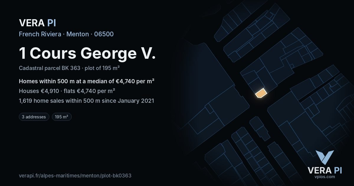 1 Cours George V, Menton at night – the plot lit, the parcels around coloured by the prices near them