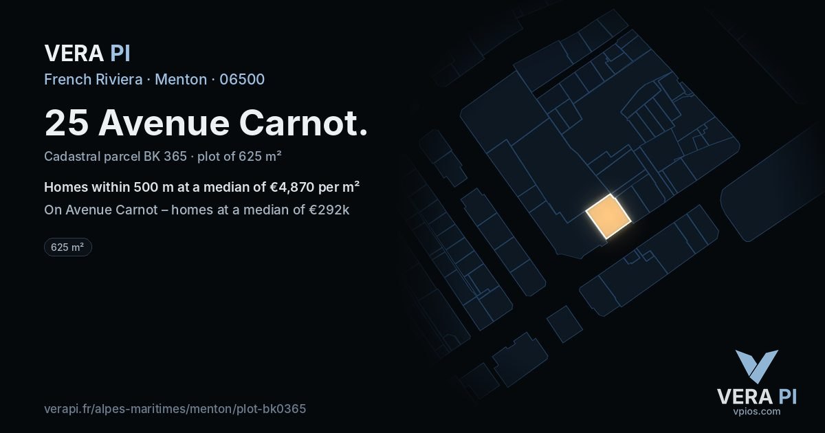 25 Avenue Carnot, Menton at night – the plot lit, the parcels around coloured by the prices near them