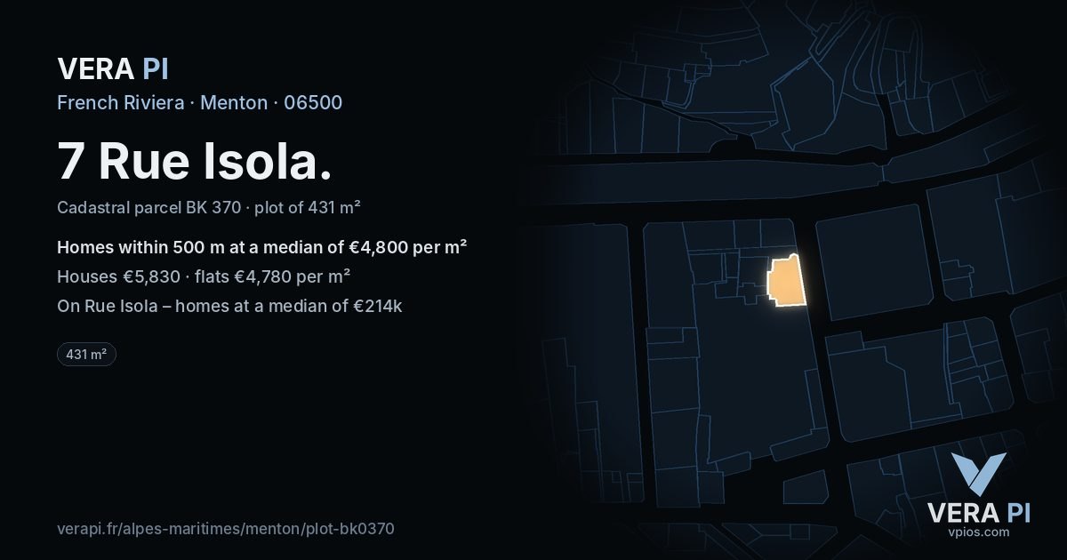 7 Rue Isola, Menton at night – the plot lit, the parcels around coloured by the prices near them