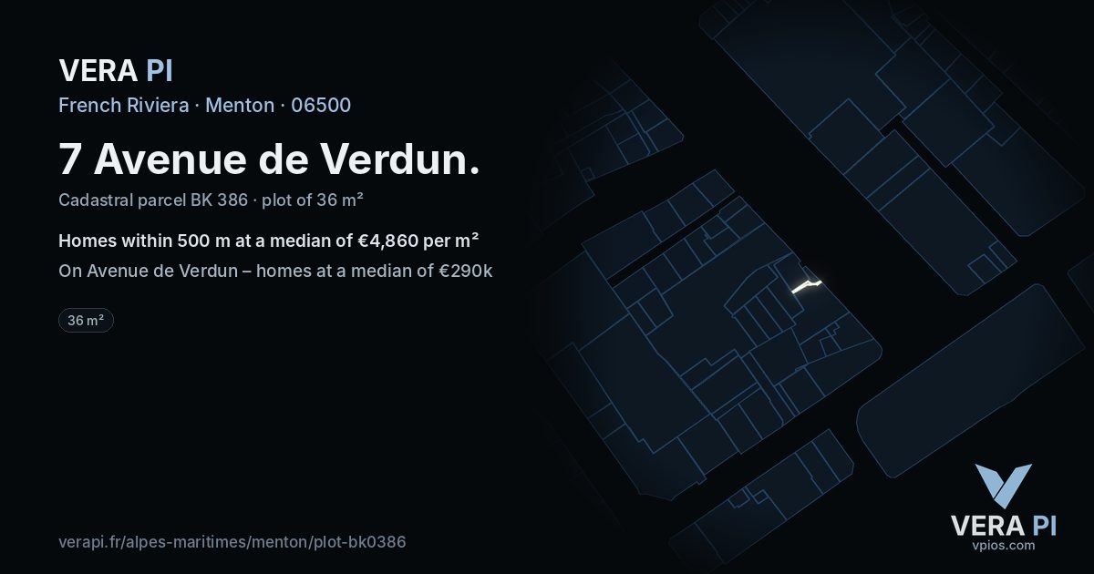 7 Avenue de Verdun, Menton at night – the plot lit, the parcels around coloured by the prices near them