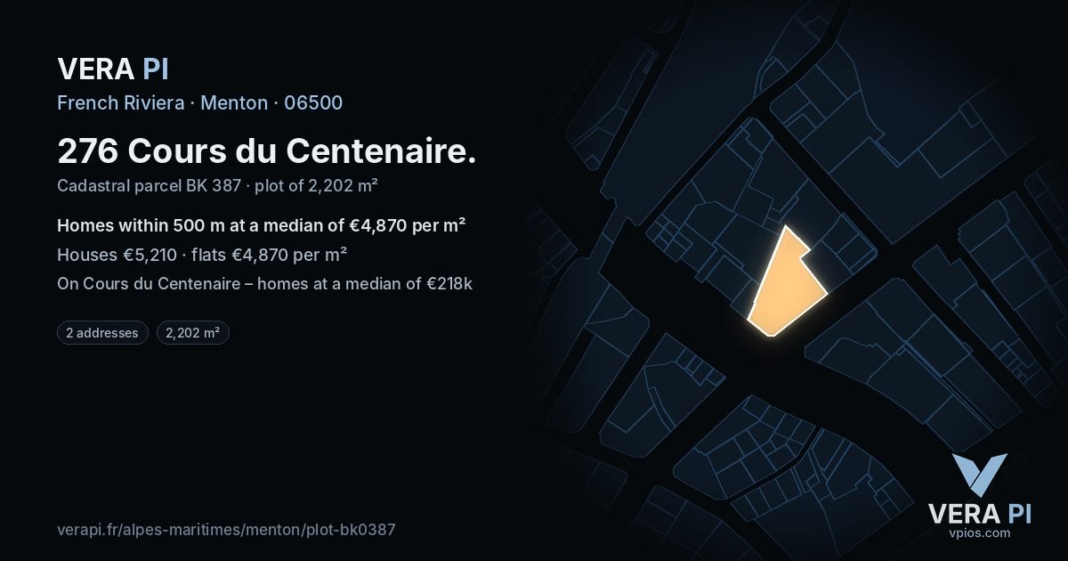 276 Cours du Centenaire, Menton at night – the plot lit, the parcels around coloured by the prices near them