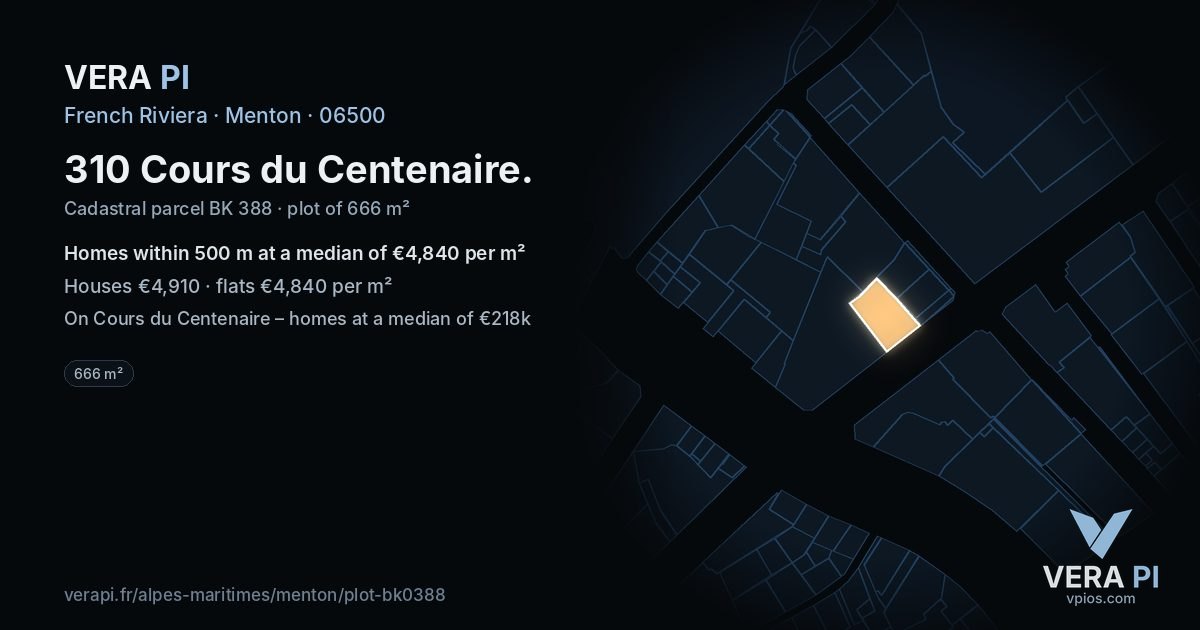 310 Cours du Centenaire, Menton at night – the plot lit, the parcels around coloured by the prices near them