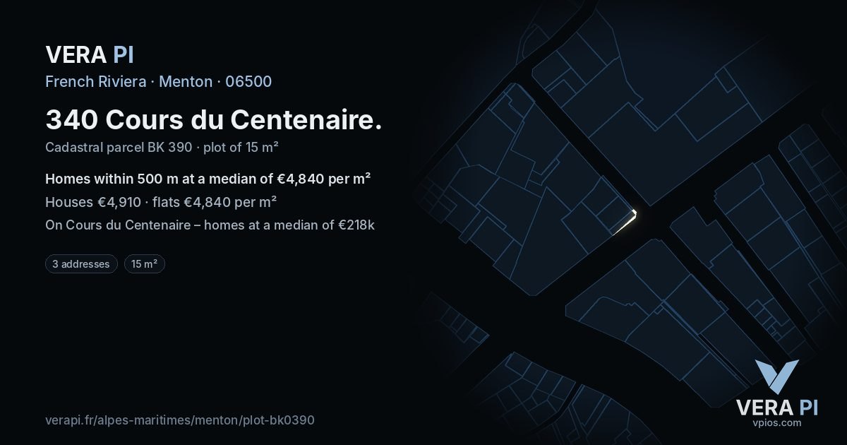 340 Cours du Centenaire, Menton at night – the plot lit, the parcels around coloured by the prices near them