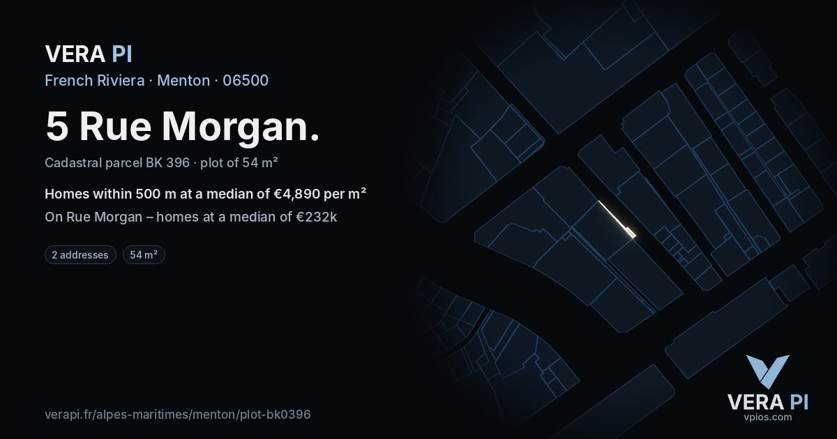 5 Rue Morgan, Menton at night – the plot lit, the parcels around coloured by the prices near them