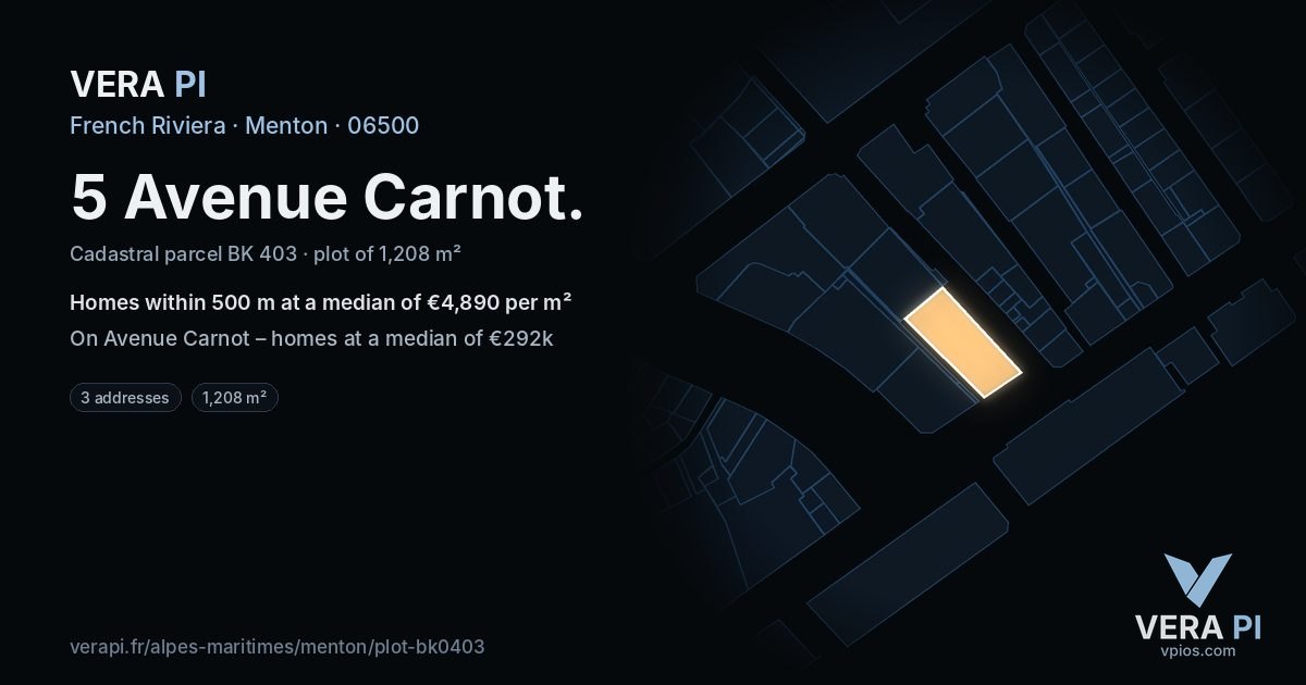 5 Avenue Carnot, Menton at night – the plot lit, the parcels around coloured by the prices near them