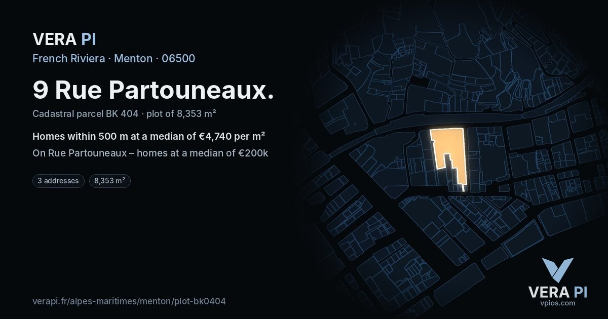 9 Rue Partouneaux, Menton at night – the plot lit, the parcels around coloured by the prices near them