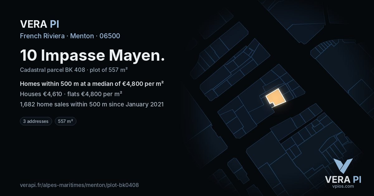 10 Impasse Mayen, Menton at night – the plot lit, the parcels around coloured by the prices near them
