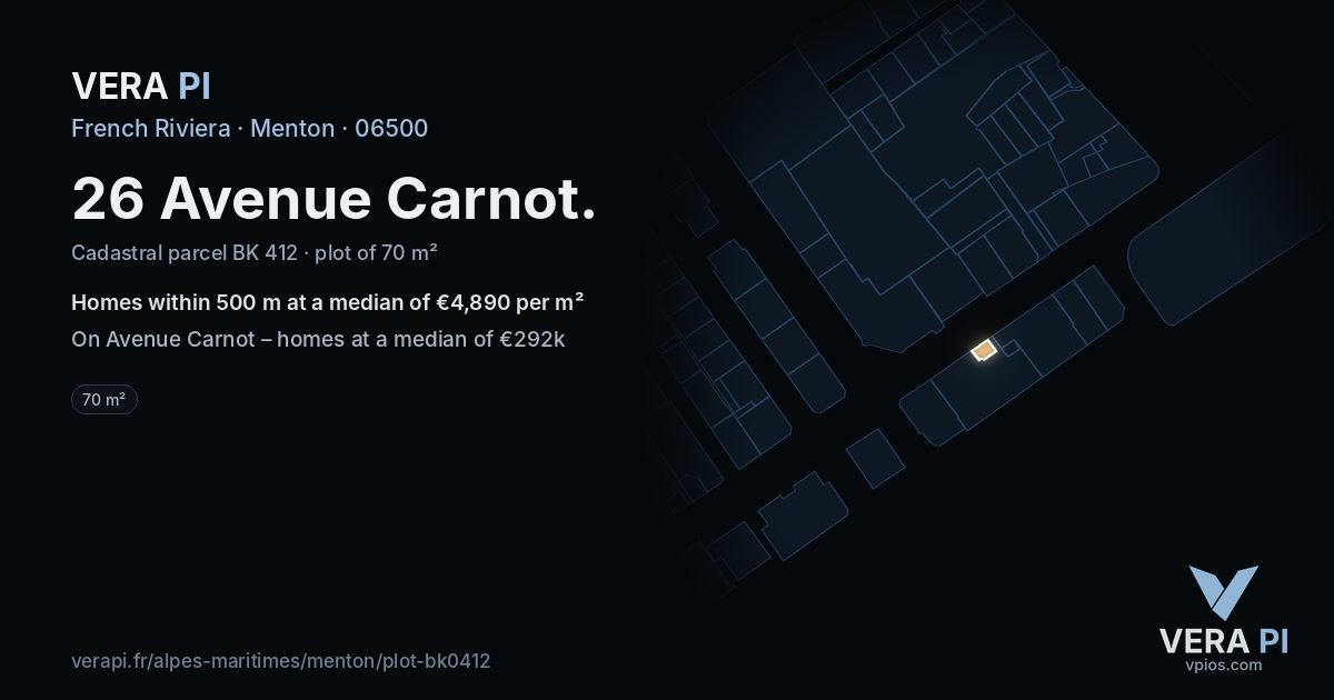 26 Avenue Carnot, Menton at night – the plot lit, the parcels around coloured by the prices near them