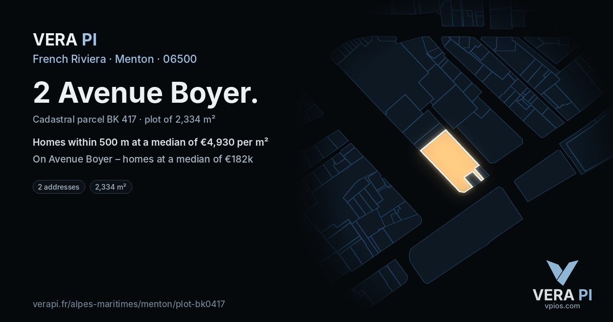 2 Avenue Boyer, Menton at night – the plot lit, the parcels around coloured by the prices near them