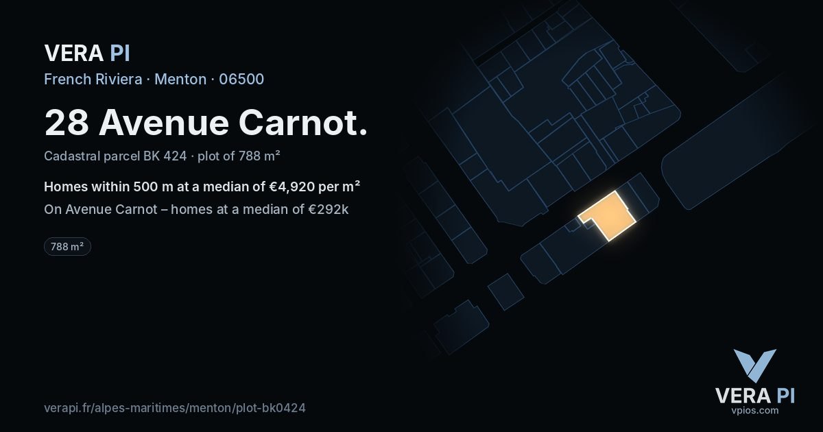 28 Avenue Carnot, Menton at night – the plot lit, the parcels around coloured by the prices near them