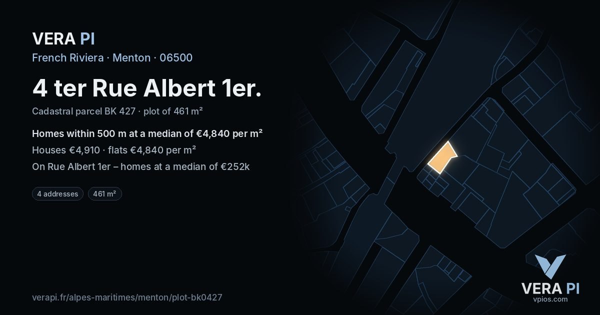 4 ter Rue Albert 1er, Menton at night – the plot lit, the parcels around coloured by the prices near them