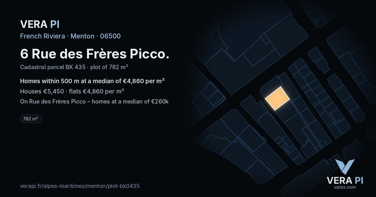 6 Rue des Frères Picco, Menton at night – the plot lit, the parcels around coloured by the prices near them