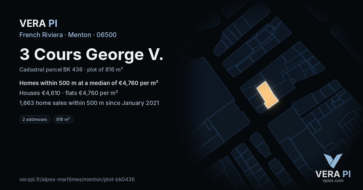 3 Cours George V, Menton at night – the plot lit, the parcels around coloured by the prices near them
