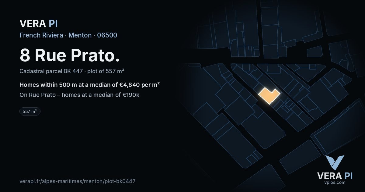 8 Rue Prato, Menton at night – the plot lit, the parcels around coloured by the prices near them