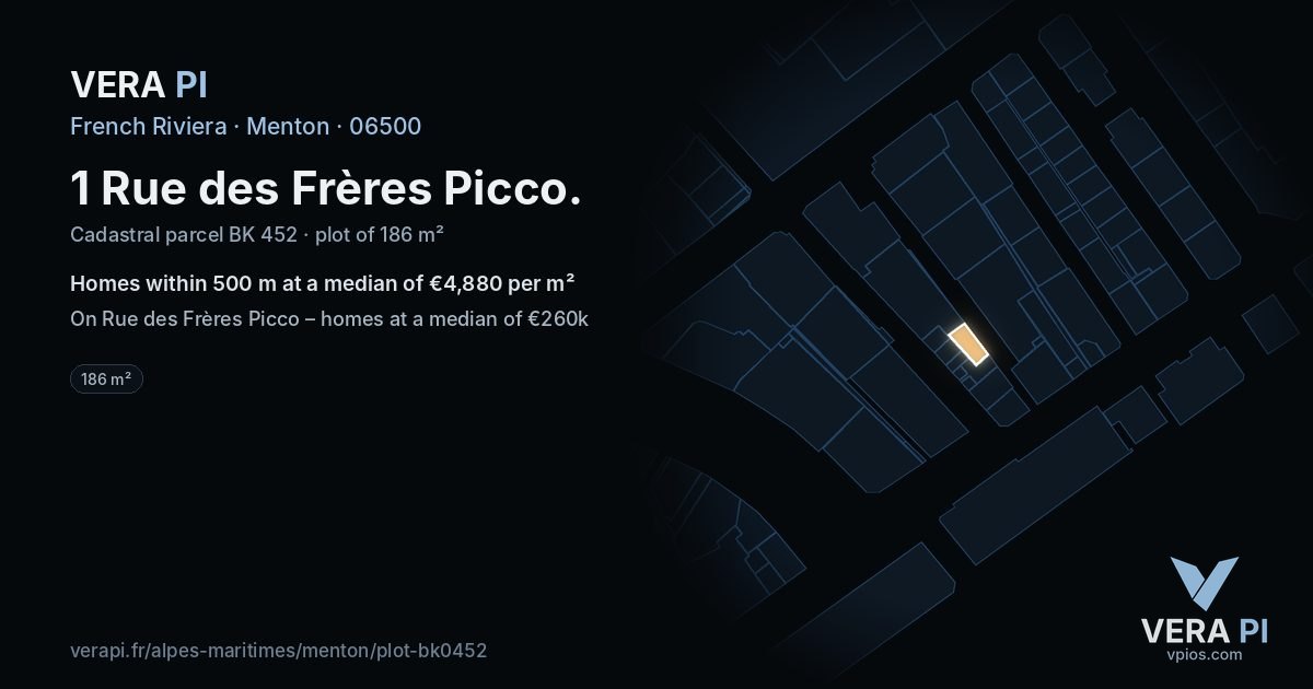 1 Rue des Frères Picco, Menton at night – the plot lit, the parcels around coloured by the prices near them