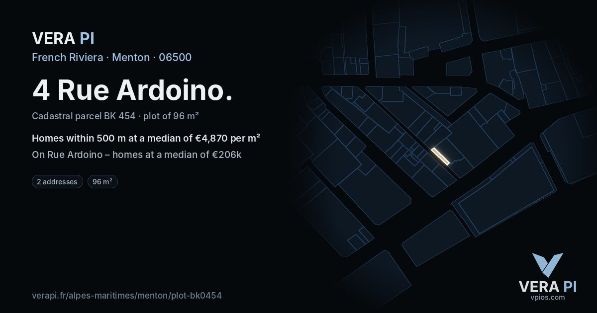 4 Rue Ardoino, Menton at night – the plot lit, the parcels around coloured by the prices near them