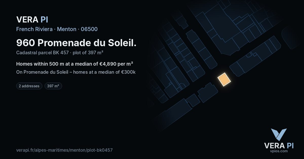960 Promenade du Soleil, Menton at night – the plot lit, the parcels around coloured by the prices near them