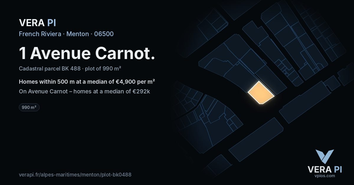 1 Avenue Carnot, Menton at night – the plot lit, the parcels around coloured by the prices near them