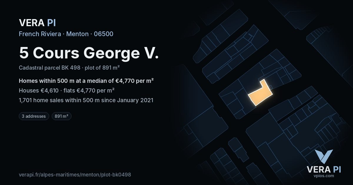 5 Cours George V, Menton at night – the plot lit, the parcels around coloured by the prices near them