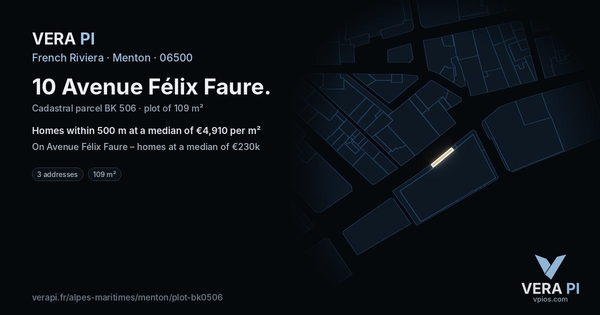 10 Avenue Félix Faure, Menton at night – the plot lit, the parcels around coloured by the prices near them