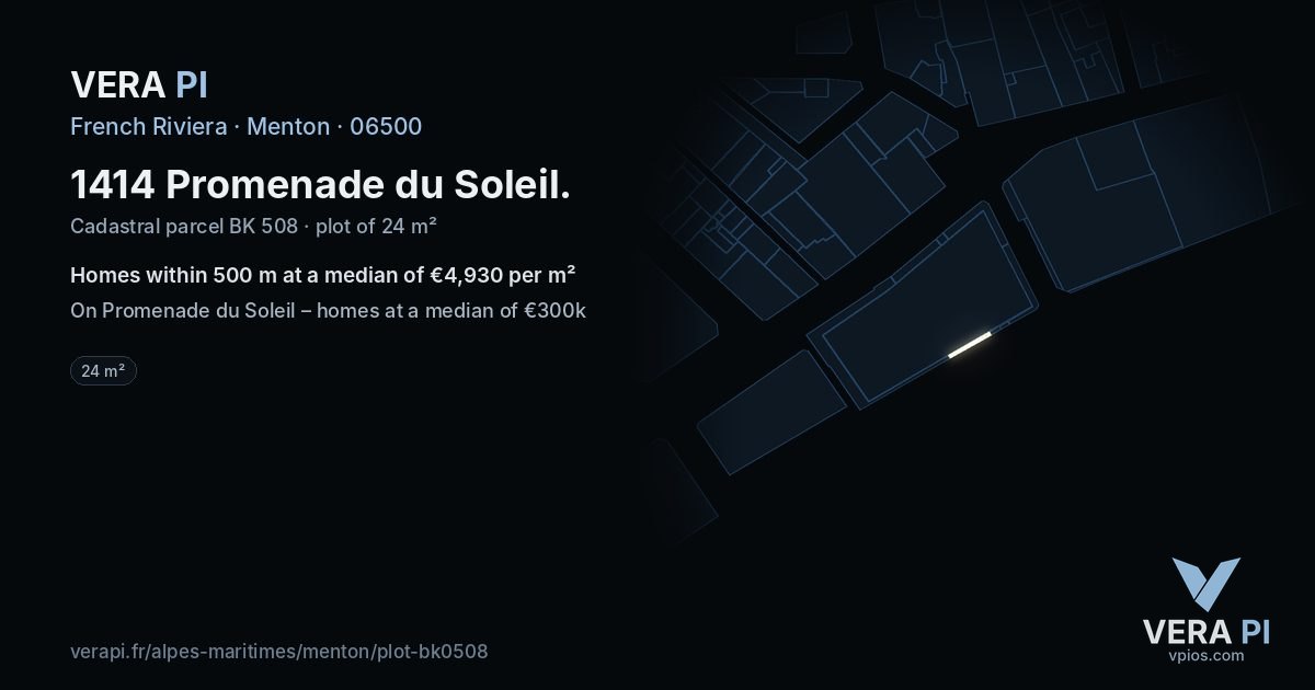 1414 Promenade du Soleil, Menton at night – the plot lit, the parcels around coloured by the prices near them