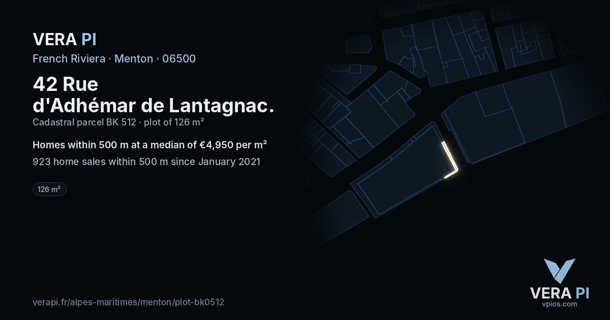 42 Rue d'Adhémar de Lantagnac, Menton at night – the plot lit, the parcels around coloured by the prices near them
