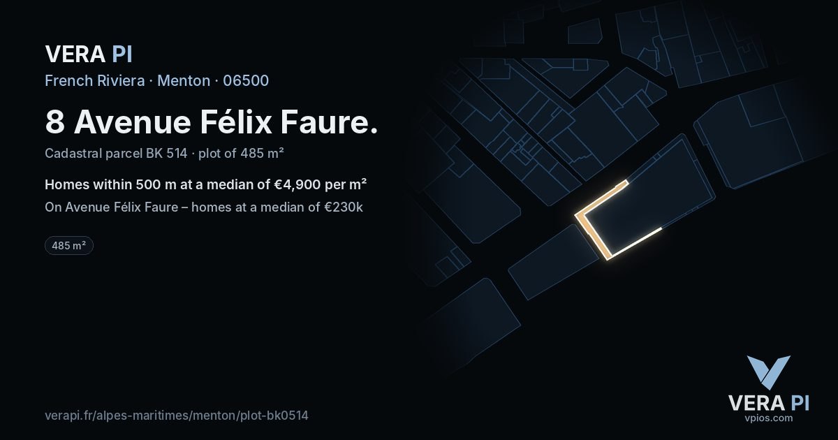 8 Avenue Félix Faure, Menton at night – the plot lit, the parcels around coloured by the prices near them