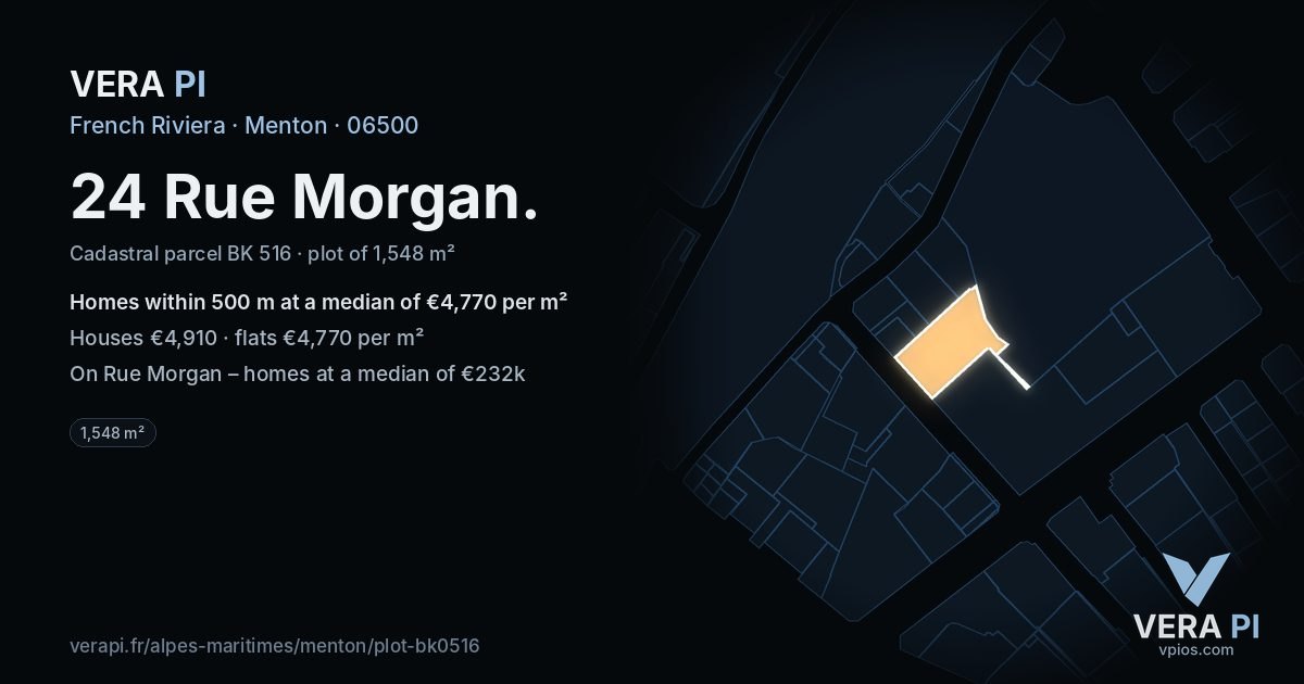 24 Rue Morgan, Menton at night – the plot lit, the parcels around coloured by the prices near them