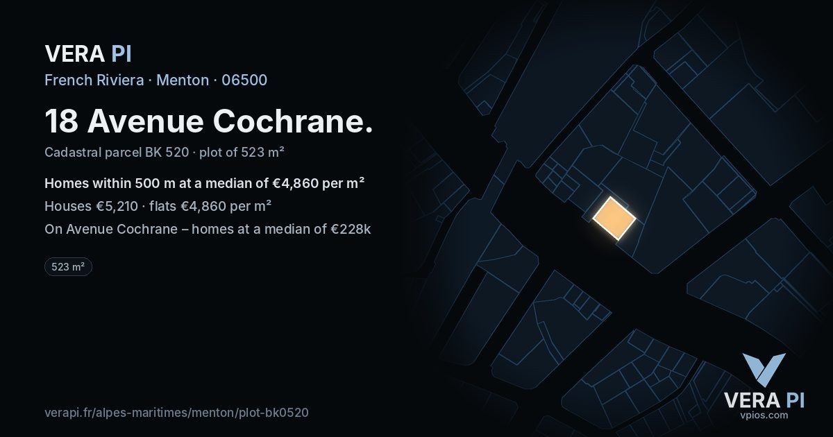 18 Avenue Cochrane, Menton at night – the plot lit, the parcels around coloured by the prices near them