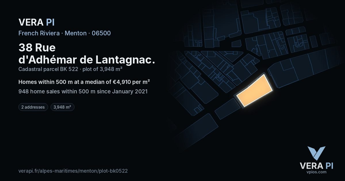 38 Rue d'Adhémar de Lantagnac, Menton at night – the plot lit, the parcels around coloured by the prices near them