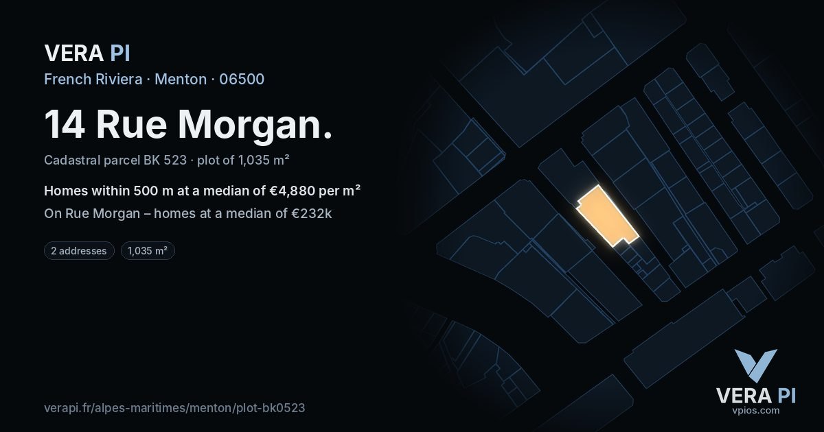 14 Rue Morgan, Menton at night – the plot lit, the parcels around coloured by the prices near them