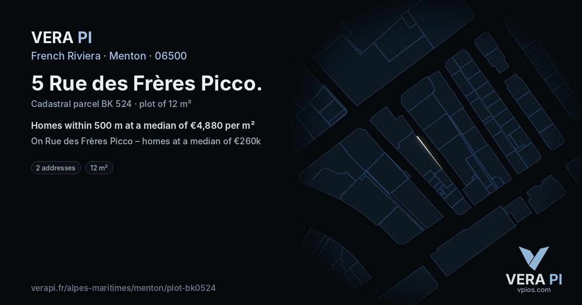 5 Rue des Frères Picco, Menton at night – the plot lit, the parcels around coloured by the prices near them