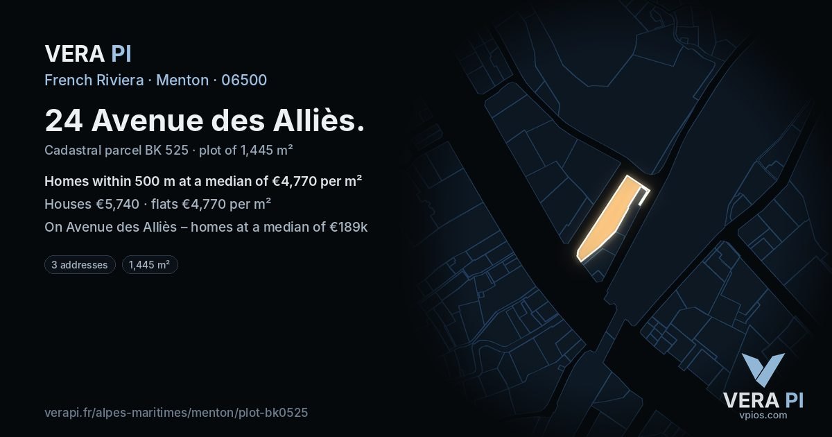 24 Avenue des Alliès, Menton at night – the plot lit, the parcels around coloured by the prices near them