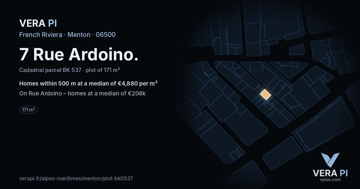 7 Rue Ardoino, Menton at night – the plot lit, the parcels around coloured by the prices near them