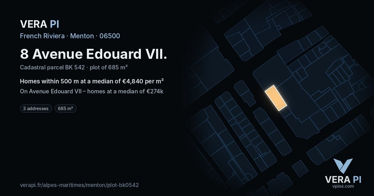 8 Avenue Edouard VII, Menton at night – the plot lit, the parcels around coloured by the prices near them