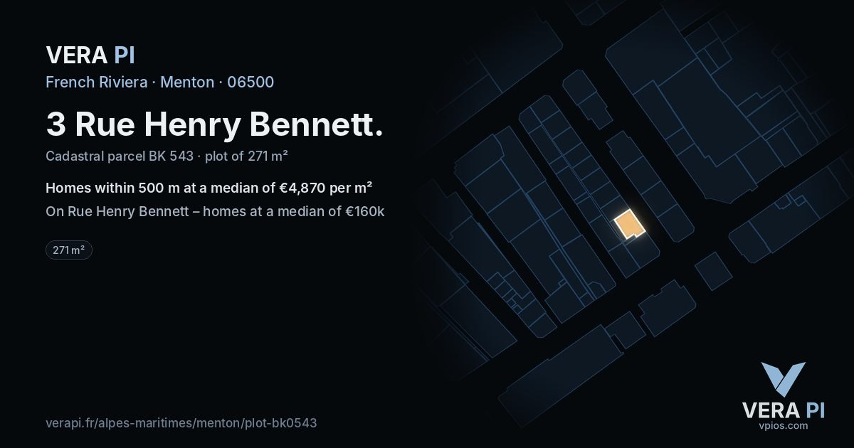3 Rue Henry Bennett, Menton at night – the plot lit, the parcels around coloured by the prices near them