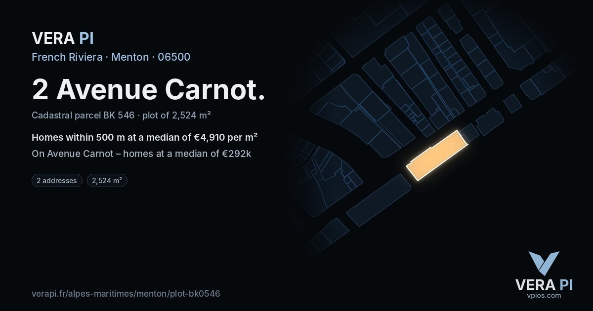 2 Avenue Carnot, Menton at night – the plot lit, the parcels around coloured by the prices near them