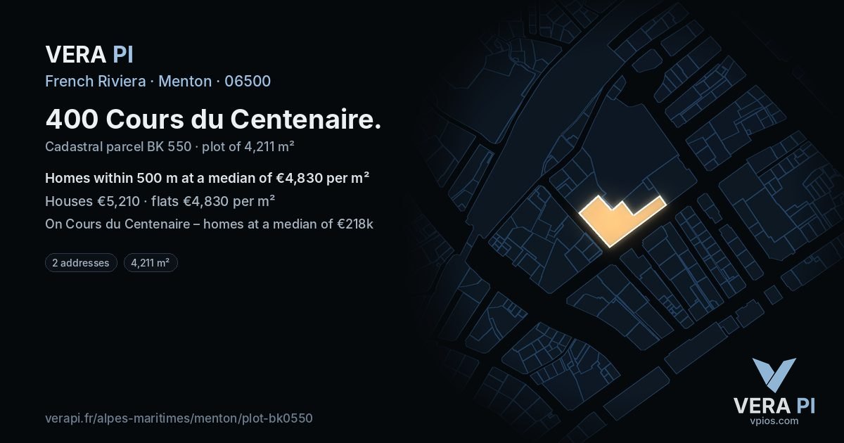 400 Cours du Centenaire, Menton at night – the plot lit, the parcels around coloured by the prices near them