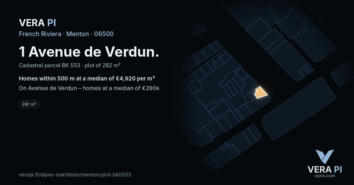 1 Avenue de Verdun, Menton at night – the plot lit, the parcels around coloured by the prices near them