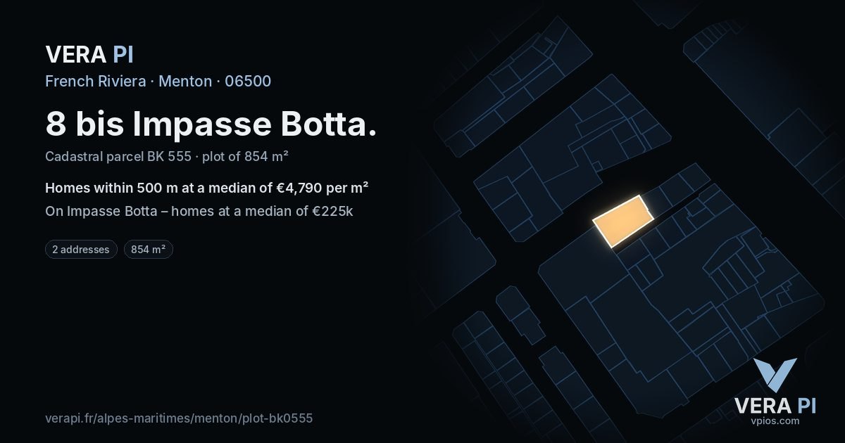 8 bis Impasse Botta, Menton at night – the plot lit, the parcels around coloured by the prices near them