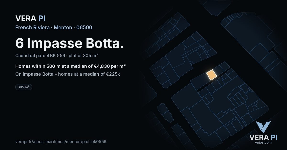 6 Impasse Botta, Menton at night – the plot lit, the parcels around coloured by the prices near them