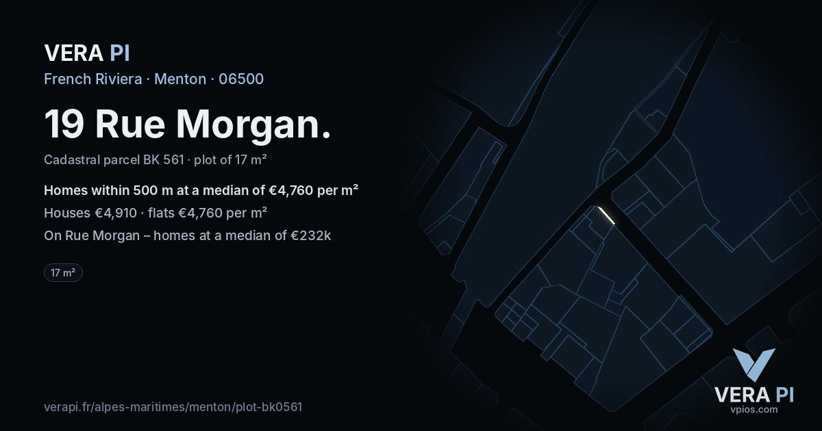 19 Rue Morgan, Menton at night – the plot lit, the parcels around coloured by the prices near them