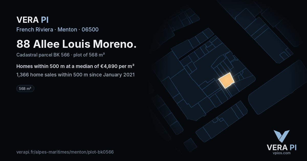 88 Allee Louis Moreno, Menton at night – the plot lit, the parcels around coloured by the prices near them