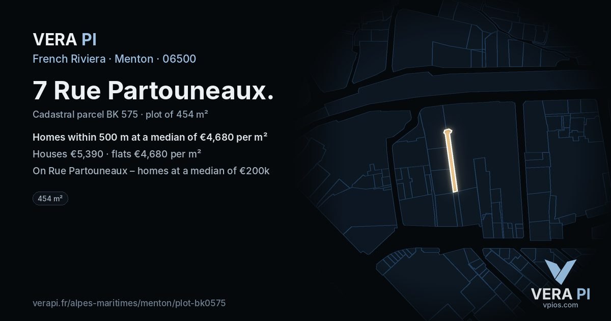7 Rue Partouneaux, Menton at night – the plot lit, the parcels around coloured by the prices near them