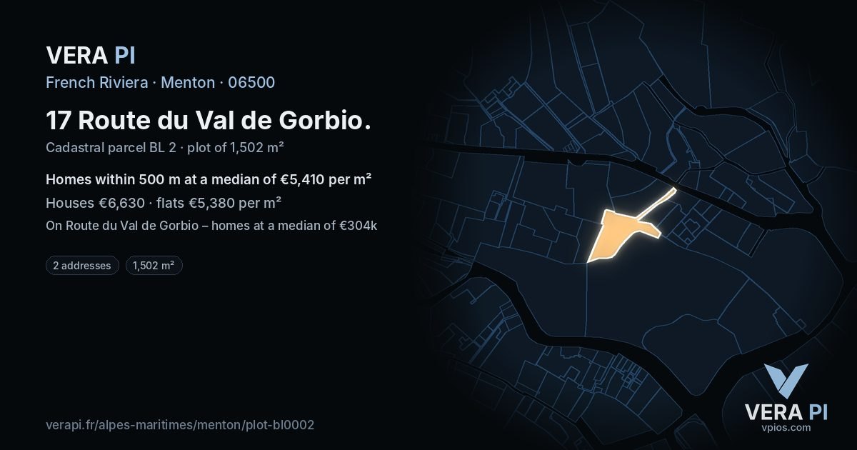 17 Route du Val de Gorbio, Menton at night – the plot lit, the parcels around coloured by the prices near them