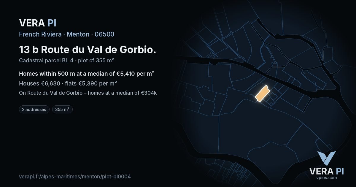 13 b Route du Val de Gorbio, Menton at night – the plot lit, the parcels around coloured by the prices near them