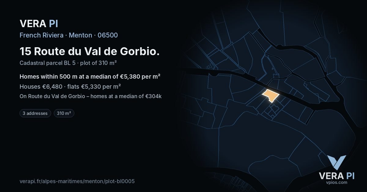 15 Route du Val de Gorbio, Menton at night – the plot lit, the parcels around coloured by the prices near them