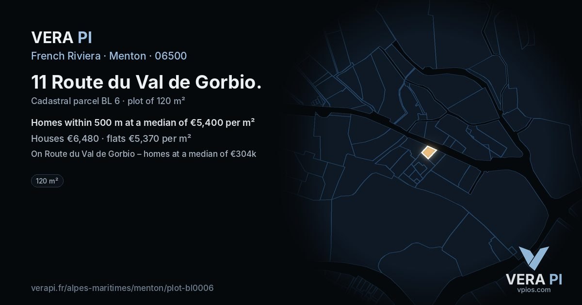 11 Route du Val de Gorbio, Menton at night – the plot lit, the parcels around coloured by the prices near them
